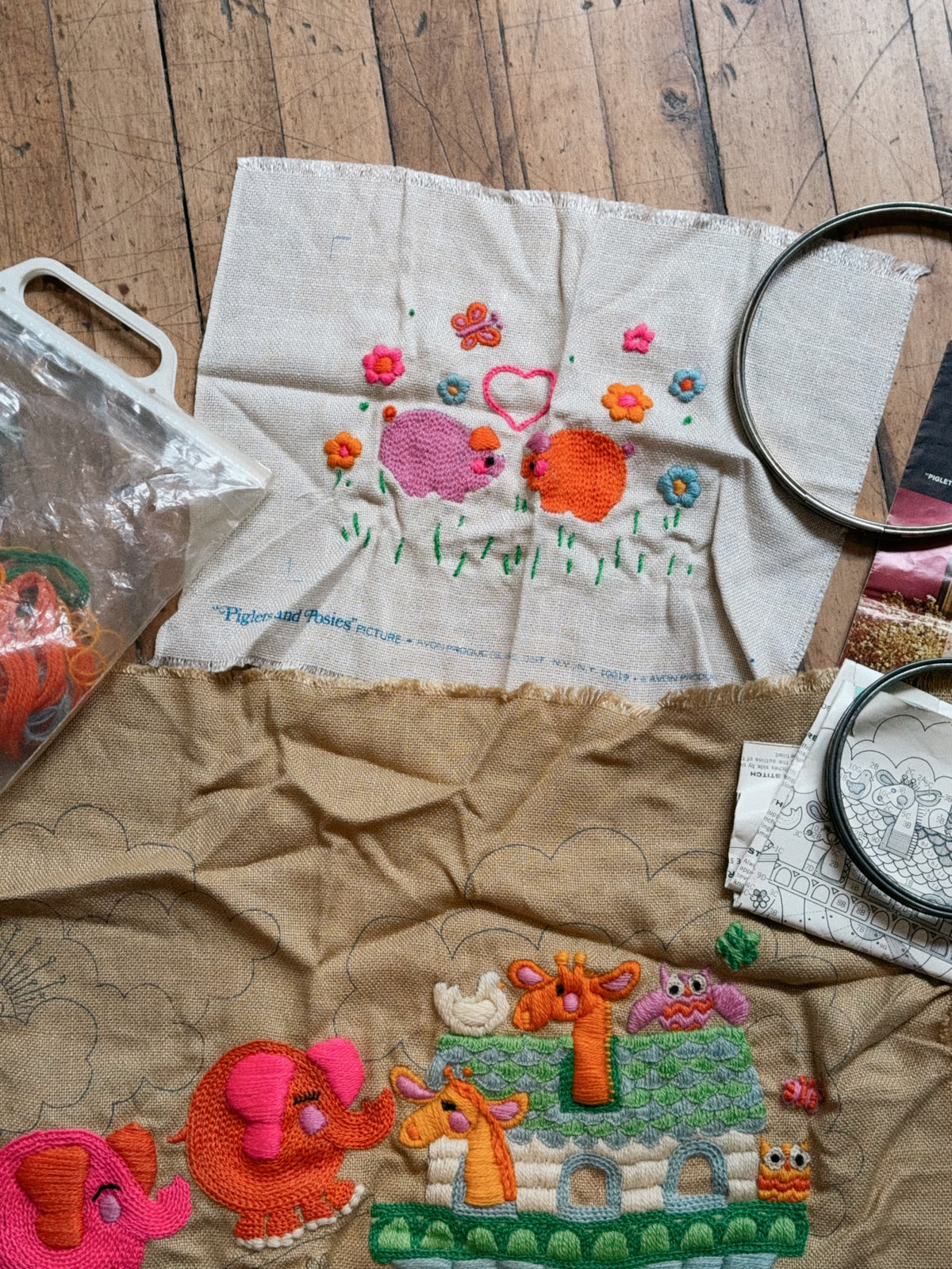 Vintage Avon Creative Needlecraft Crewel Embroidery Kits, Noah's Ark & Piglets and Posies, Started, Set of 2 with Hoops & Yarn