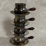 Set of Four French Silver-Plated Bouillon Cups with Wooden Handles and Saucers