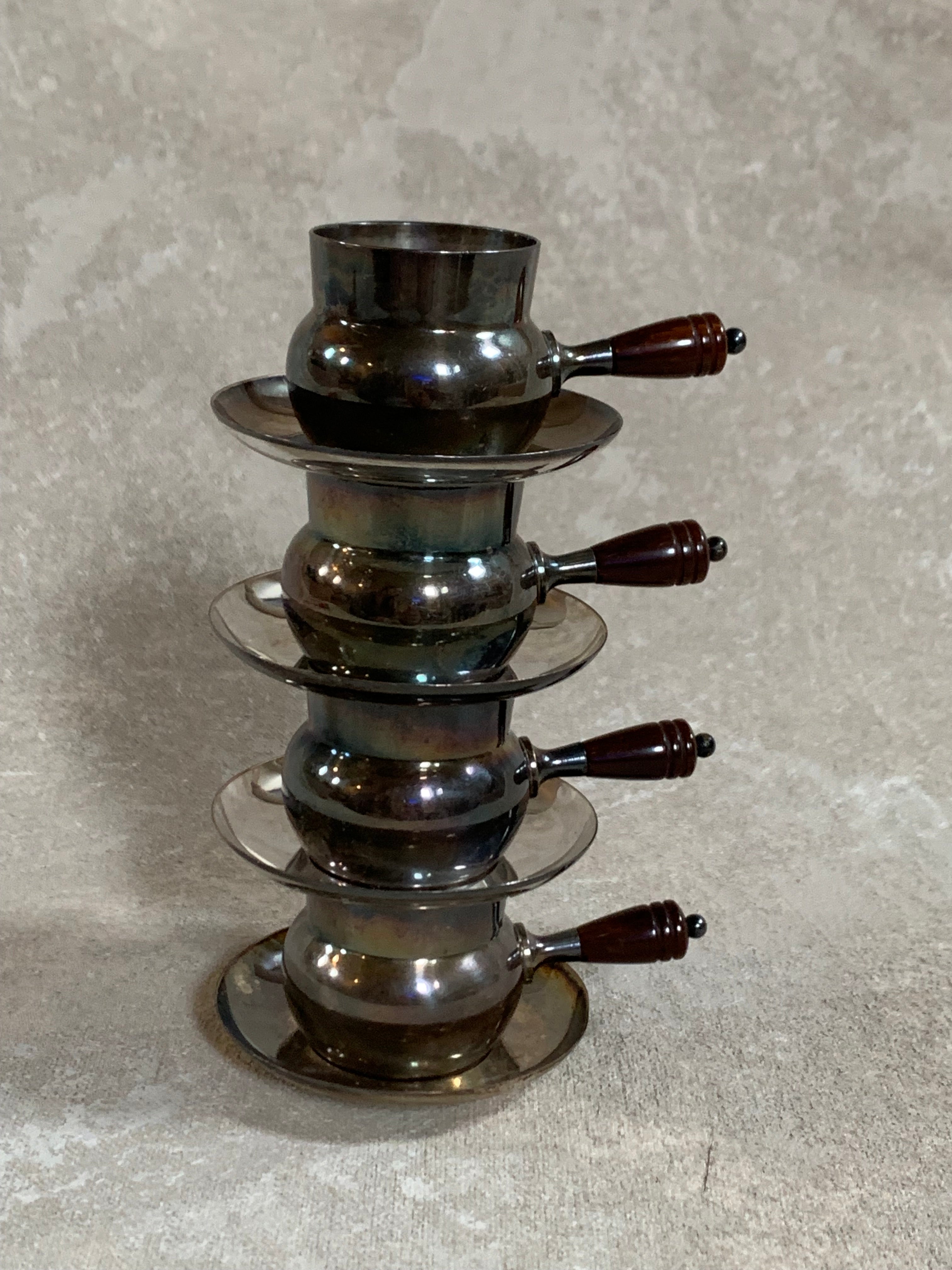 Set of Four French Silver-Plated Bouillon Cups with Wooden Handles and Saucers