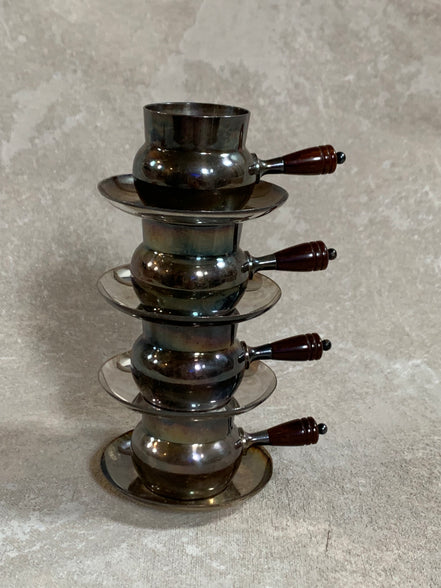 Set of Four French Silver-Plated Bouillon Cups with Wooden Handles and Saucers