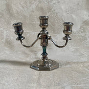 Silver plate three-light candelabra with octagonal stepped base — Mid-Century American, 1940s–1960s
