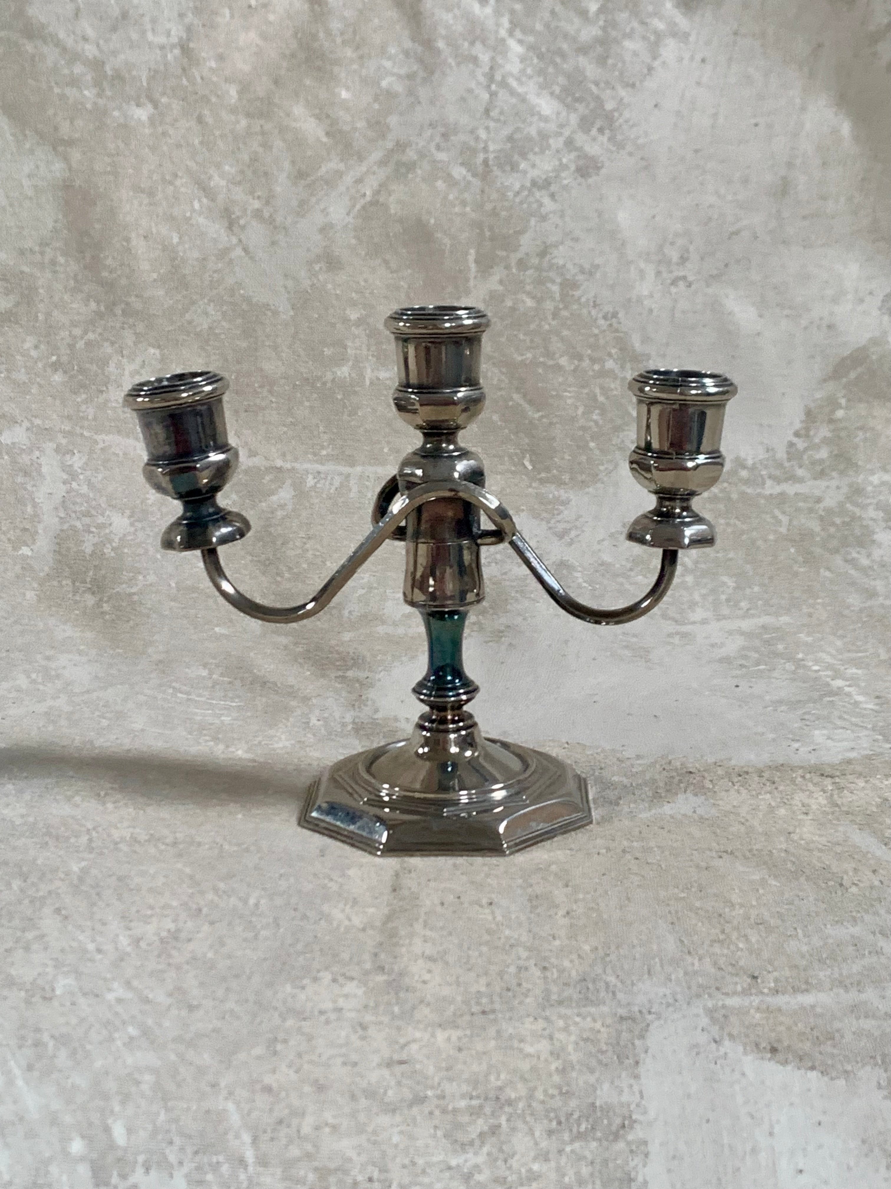 Silver plate three-light candelabra with octagonal stepped base — Mid-Century American, 1940s–1960s
