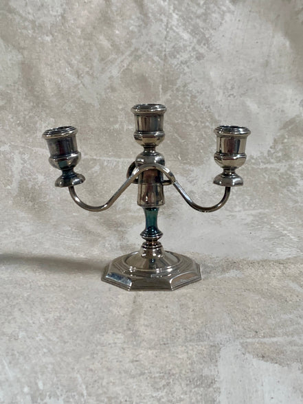 Silver plate three-light candelabra with octagonal stepped base — Mid-Century American, 1940s–1960s