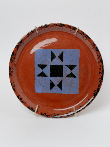 Studio Redware Quilt Block Plate, Ohio Star Pattern, with Wall Hanger