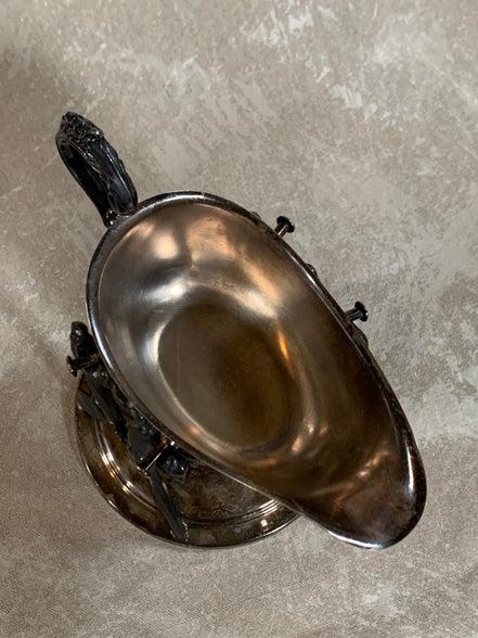 F.B. Rogers Silver Co. Gravy Boat on Rococo Warming Stand, Complete
