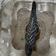 Victorian Pressed Glass Covered Box | Silver Plate Fish Finial Lid | Engraved Cartouche Mount | Octagonal Ribbed Body | circa 1880–1910 | Antique Tableware | Collector Glass