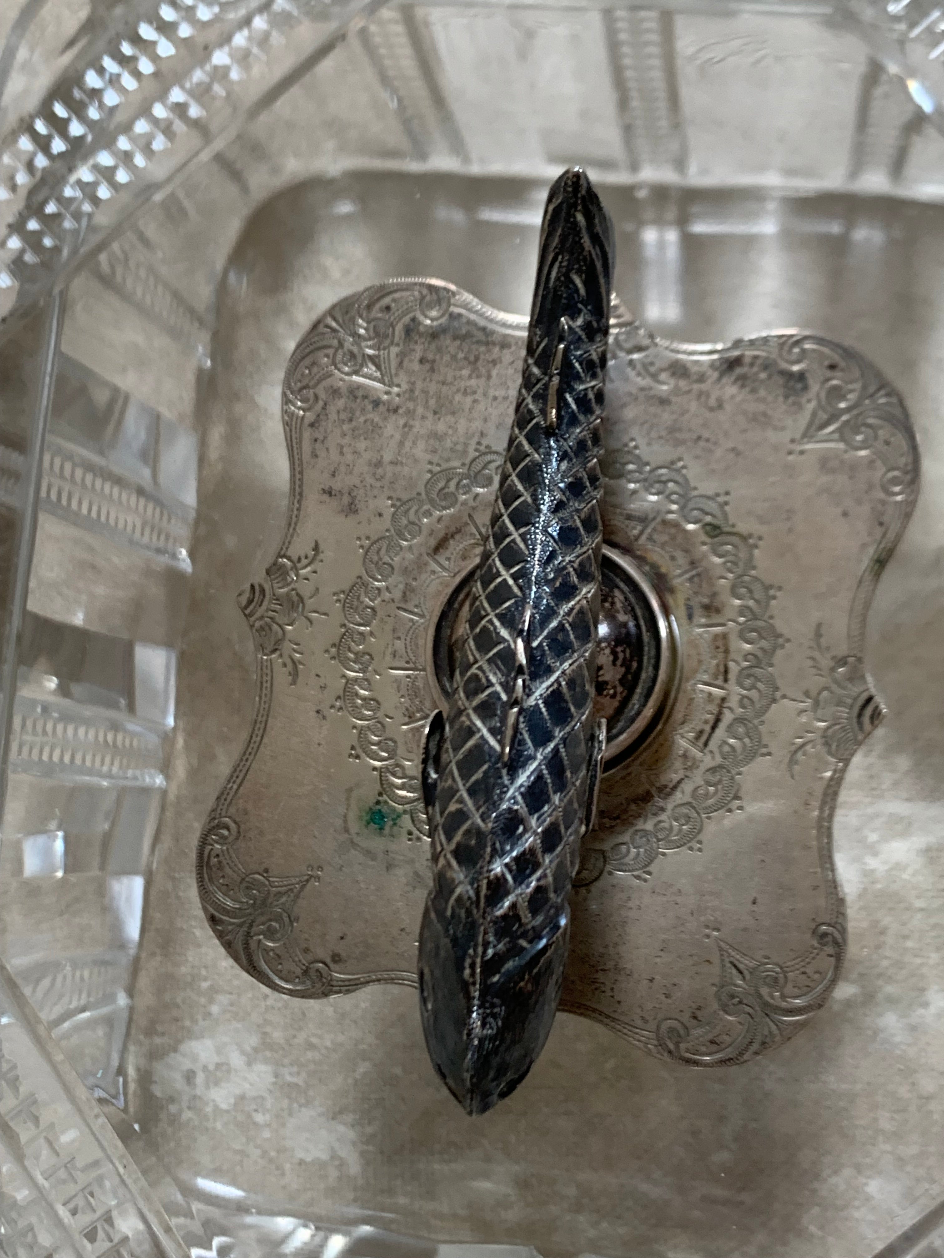 Victorian Pressed Glass Covered Box | Silver Plate Fish Finial Lid | Engraved Cartouche Mount | Octagonal Ribbed Body | circa 1880–1910 | Antique Tableware | Collector Glass