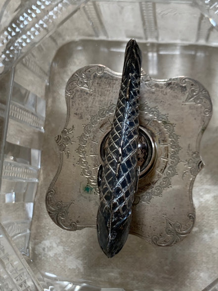 Victorian Pressed Glass Covered Box | Silver Plate Fish Finial Lid | Engraved Cartouche Mount | Octagonal Ribbed Body | circa 1880–1910 | Antique Tableware | Collector Glass
