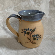 Hand-Thrown Stoneware Pitcher | Cobalt Blue Folk Botanical | Ruffled Rim | American Studio Pottery | Buff Clay | Signed | 1970s–1990s Craft Revival