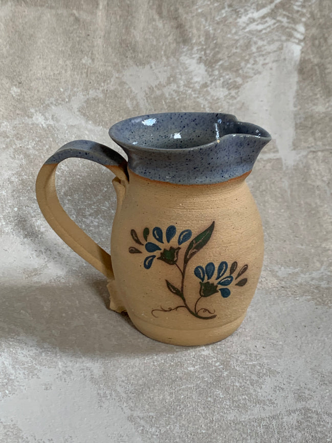 Hand-Thrown Stoneware Pitcher | Cobalt Blue Folk Botanical | Ruffled Rim | American Studio Pottery | Buff Clay | Signed | 1970s–1990s Craft Revival