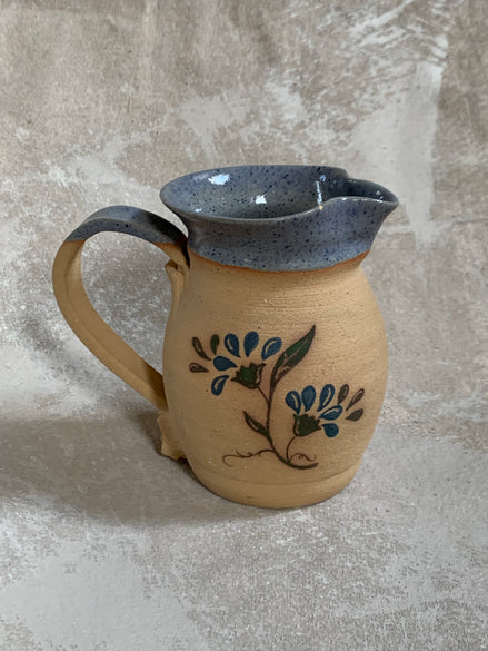 Hand-Thrown Stoneware Pitcher | Cobalt Blue Folk Botanical | Ruffled Rim | American Studio Pottery | Buff Clay | Signed | 1970s–1990s Craft Revival