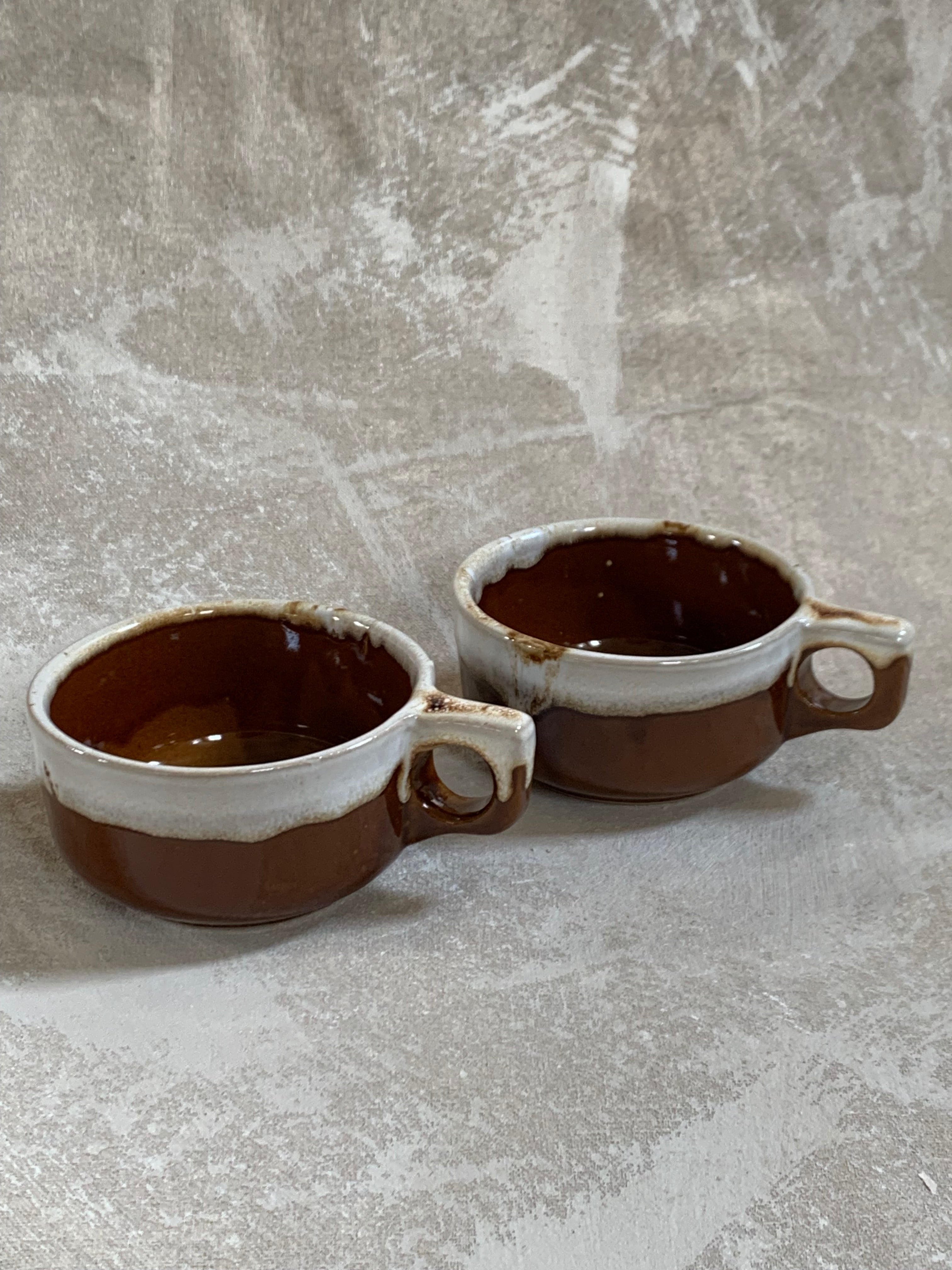 Western Stoneware Co. Mug Set of Two | WS Maple Leaf Mark | Brown Drip Glaze | Loop Handle | Monmouth Illinois | circa 1960s–1970s | Stoneware | Kitchen Decor