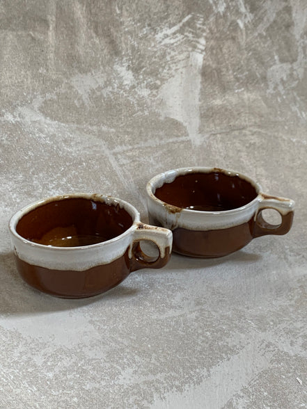 Western Stoneware Co. Mug Set of Two | WS Maple Leaf Mark | Brown Drip Glaze | Loop Handle | Monmouth Illinois | circa 1960s–1970s | Stoneware | Kitchen Decor