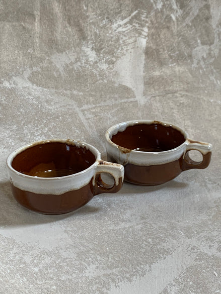 Western Stoneware Co. Mug Set of Two | WS Maple Leaf Mark | Brown Drip Glaze | Loop Handle | Monmouth Illinois | circa 1960s–1970s | Stoneware | Kitchen Decor