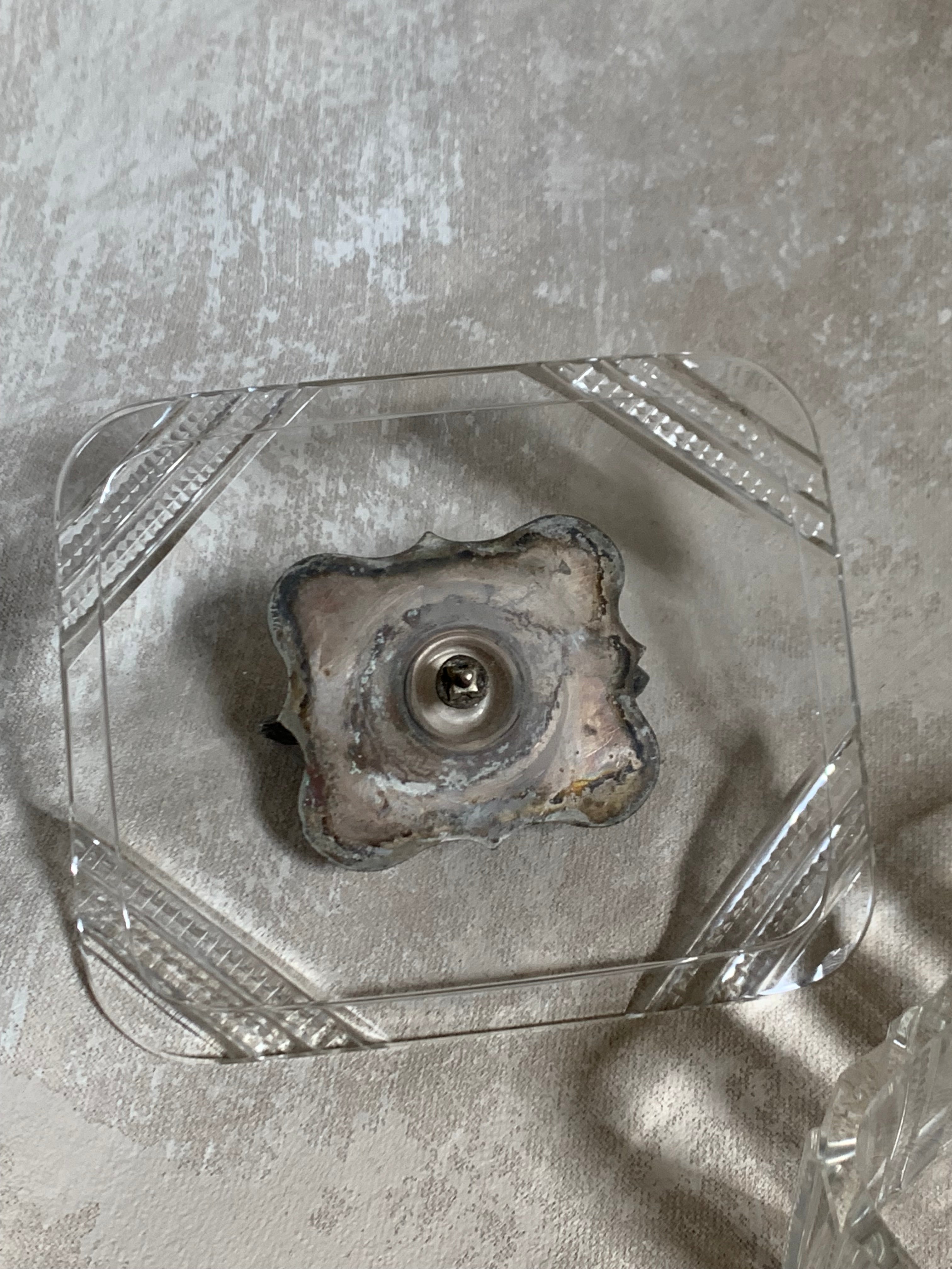 Victorian Pressed Glass Covered Box | Silver Plate Fish Finial Lid | Engraved Cartouche Mount | Octagonal Ribbed Body | circa 1880–1910 | Antique Tableware | Collector Glass