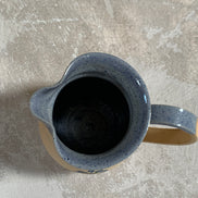 Hand-Thrown Stoneware Pitcher | Cobalt Blue Folk Botanical | Ruffled Rim | American Studio Pottery | Buff Clay | Signed | 1970s–1990s Craft Revival