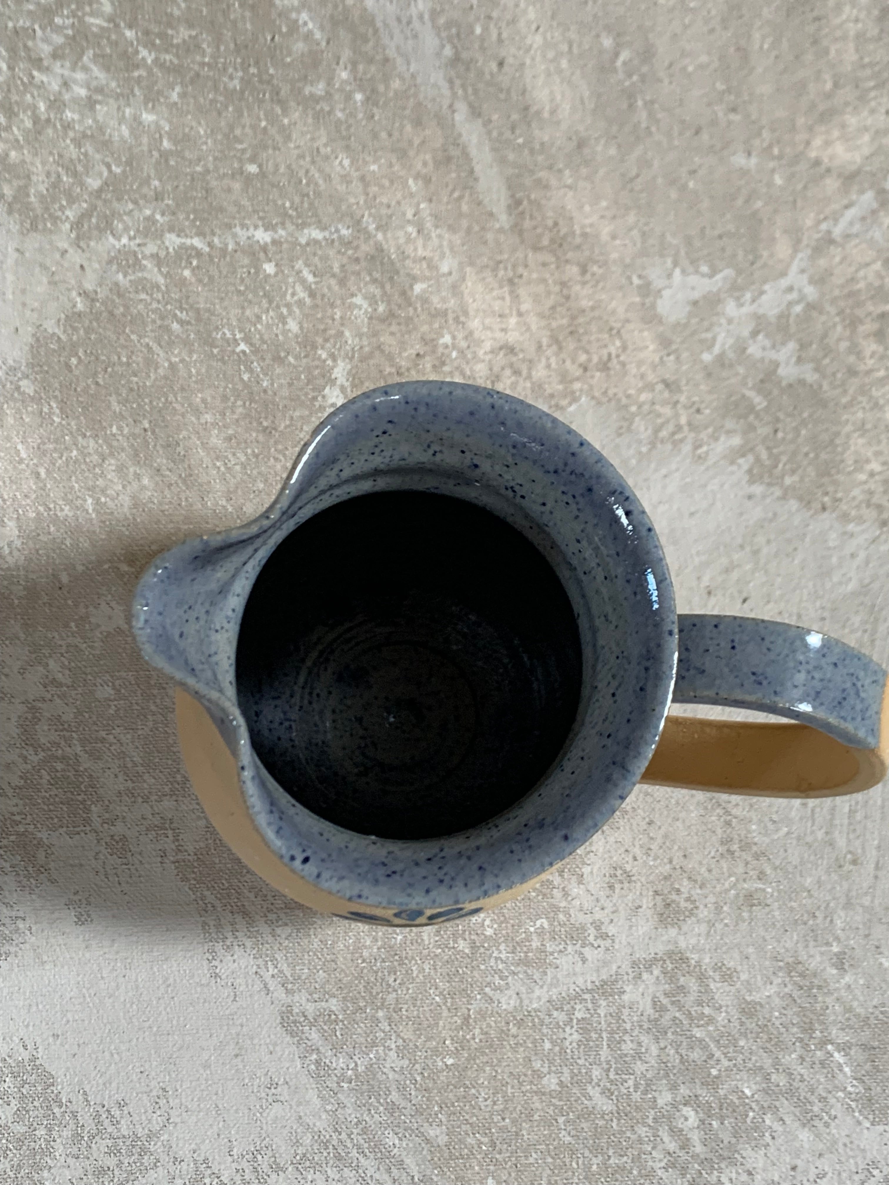Hand-Thrown Stoneware Pitcher | Cobalt Blue Folk Botanical | Ruffled Rim | American Studio Pottery | Buff Clay | Signed | 1970s–1990s Craft Revival