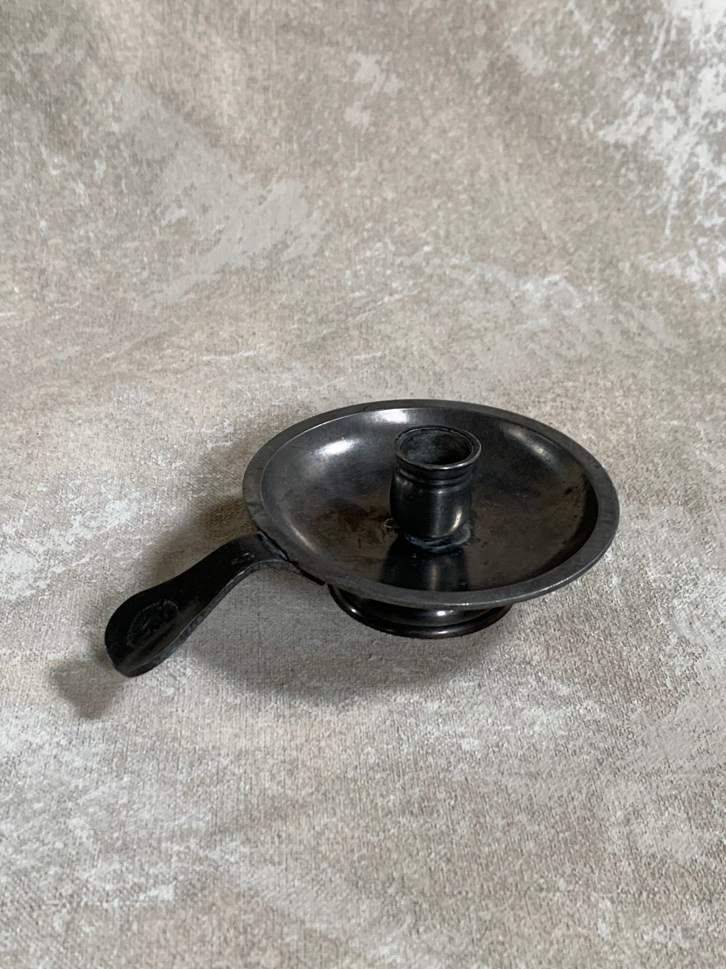 Antique Pewter Chamber Candlestick | Paddle Handle | Drip Tray | Struck Touch Mark | Taper Candle Holder | Colonial Style | American or English Pewter