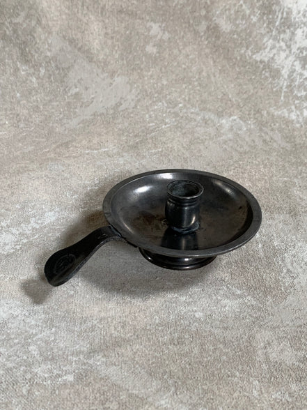 Antique Pewter Chamber Candlestick | Paddle Handle | Drip Tray | Struck Touch Mark | Taper Candle Holder | Colonial Style | American or English Pewter