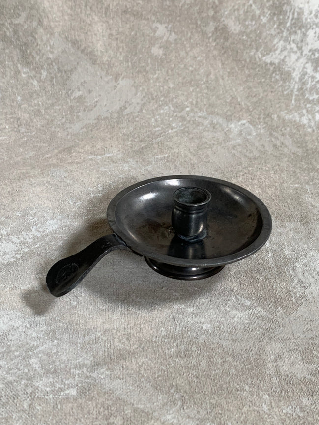 Antique Pewter Chamber Candlestick | Paddle Handle | Drip Tray | Struck Touch Mark | Taper Candle Holder | Colonial Style | American or English Pewter