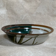 Apple Lane Pottery Bill Nagengast Serving Bowl | Wax Resist Botanical | Forest Green & Walnut | Original Bloomfield Hills Studio | July 1976 | Michigan Studio Porcelain