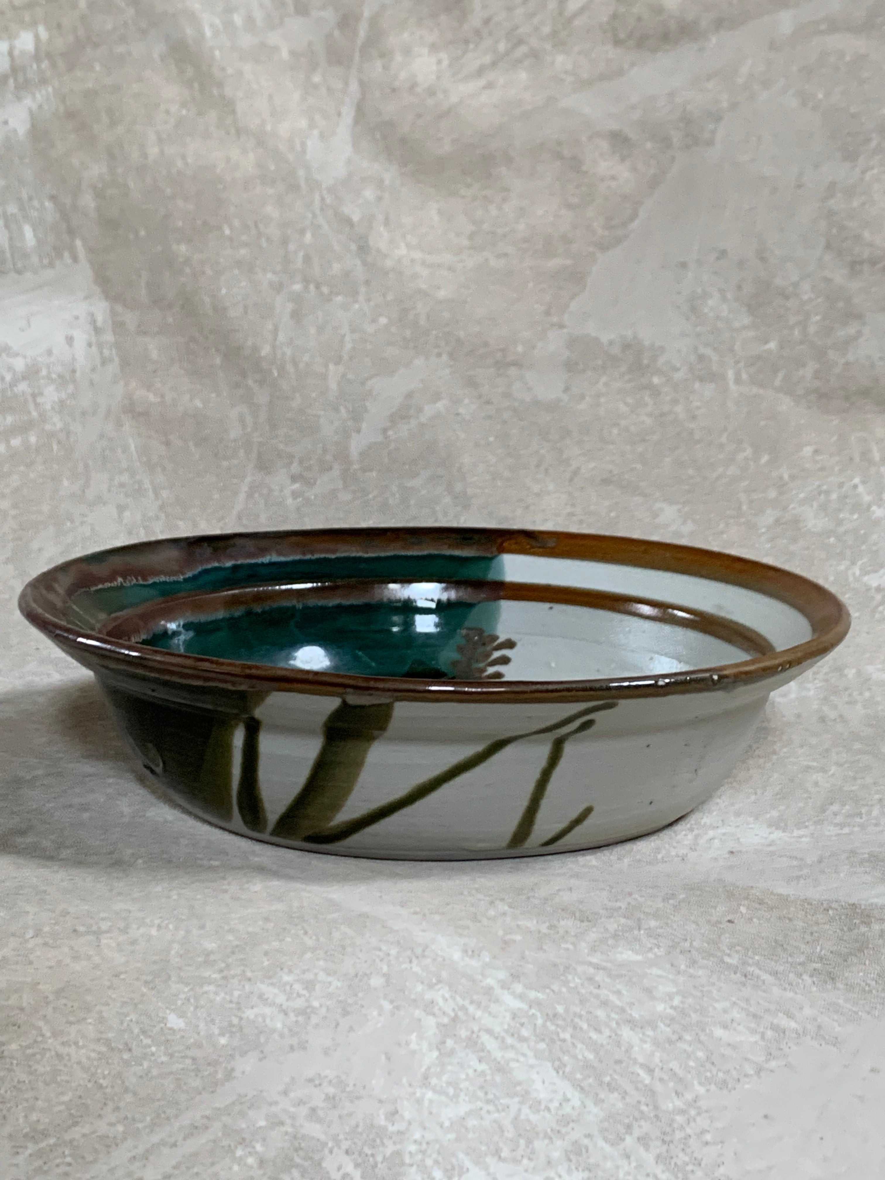 Apple Lane Pottery Bill Nagengast Serving Bowl | Wax Resist Botanical | Forest Green & Walnut | Original Bloomfield Hills Studio | July 1976 | Michigan Studio Porcelain