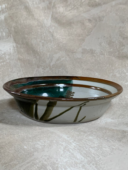 Apple Lane Pottery Bill Nagengast Serving Bowl | Wax Resist Botanical | Forest Green & Walnut | Original Bloomfield Hills Studio | July 1976 | Michigan Studio Porcelain