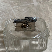Victorian Pressed Glass Covered Box | Silver Plate Fish Finial Lid | Engraved Cartouche Mount | Octagonal Ribbed Body | circa 1880–1910 | Antique Tableware | Collector Glass
