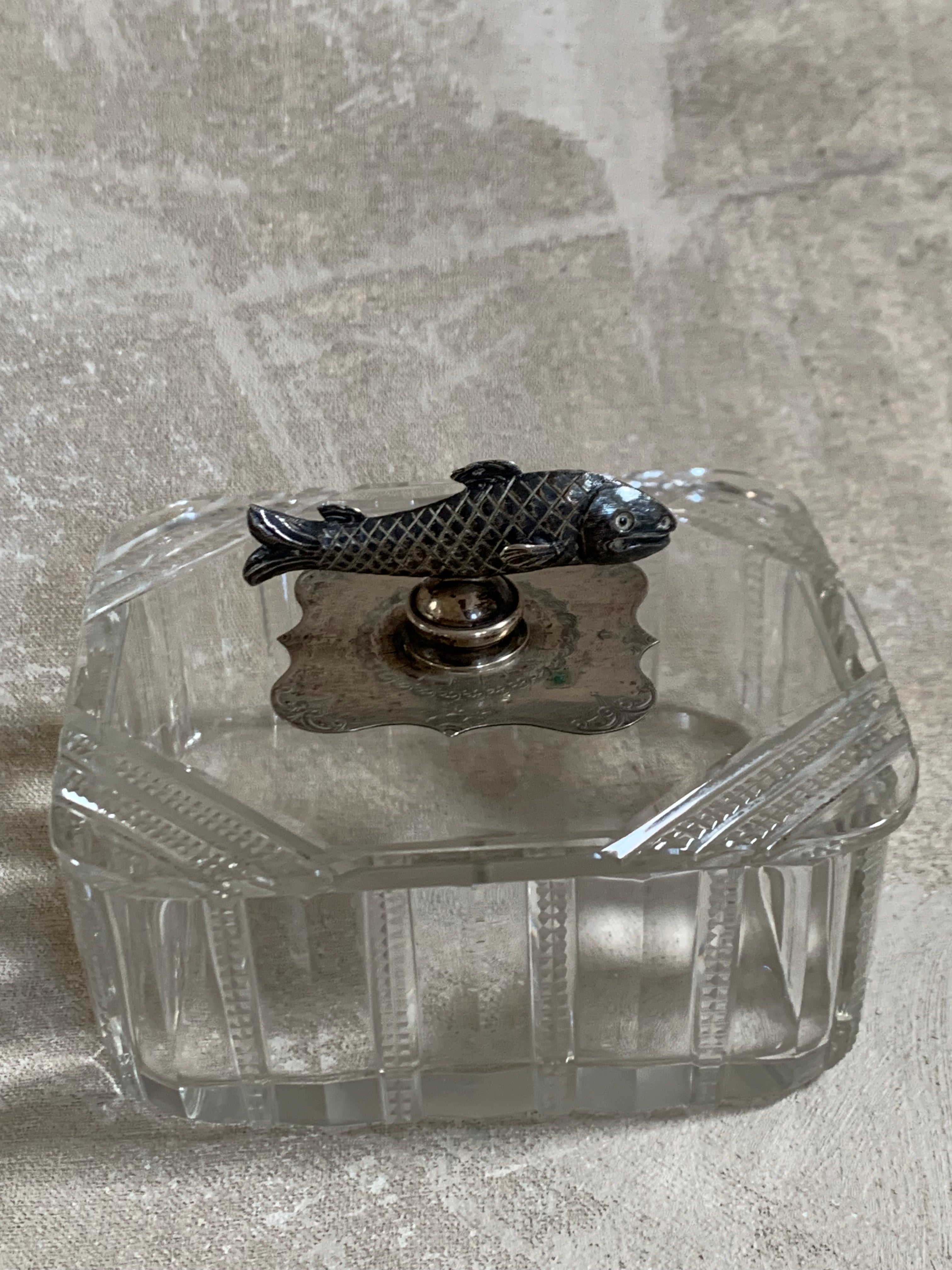 Victorian Pressed Glass Covered Box | Silver Plate Fish Finial Lid | Engraved Cartouche Mount | Octagonal Ribbed Body | circa 1880–1910 | Antique Tableware | Collector Glass