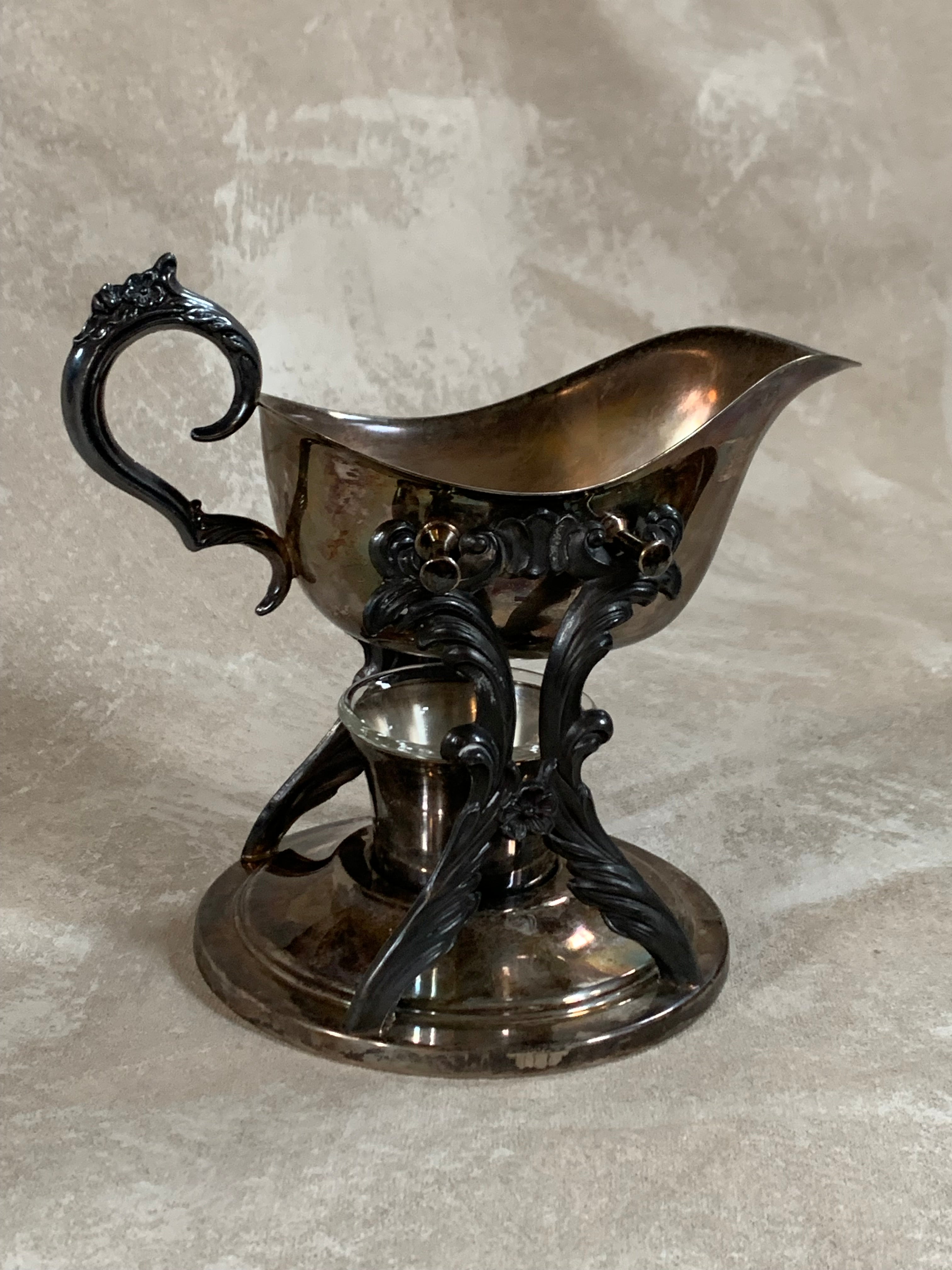 F.B. Rogers Silver Co. Gravy Boat on Rococo Warming Stand, Complete