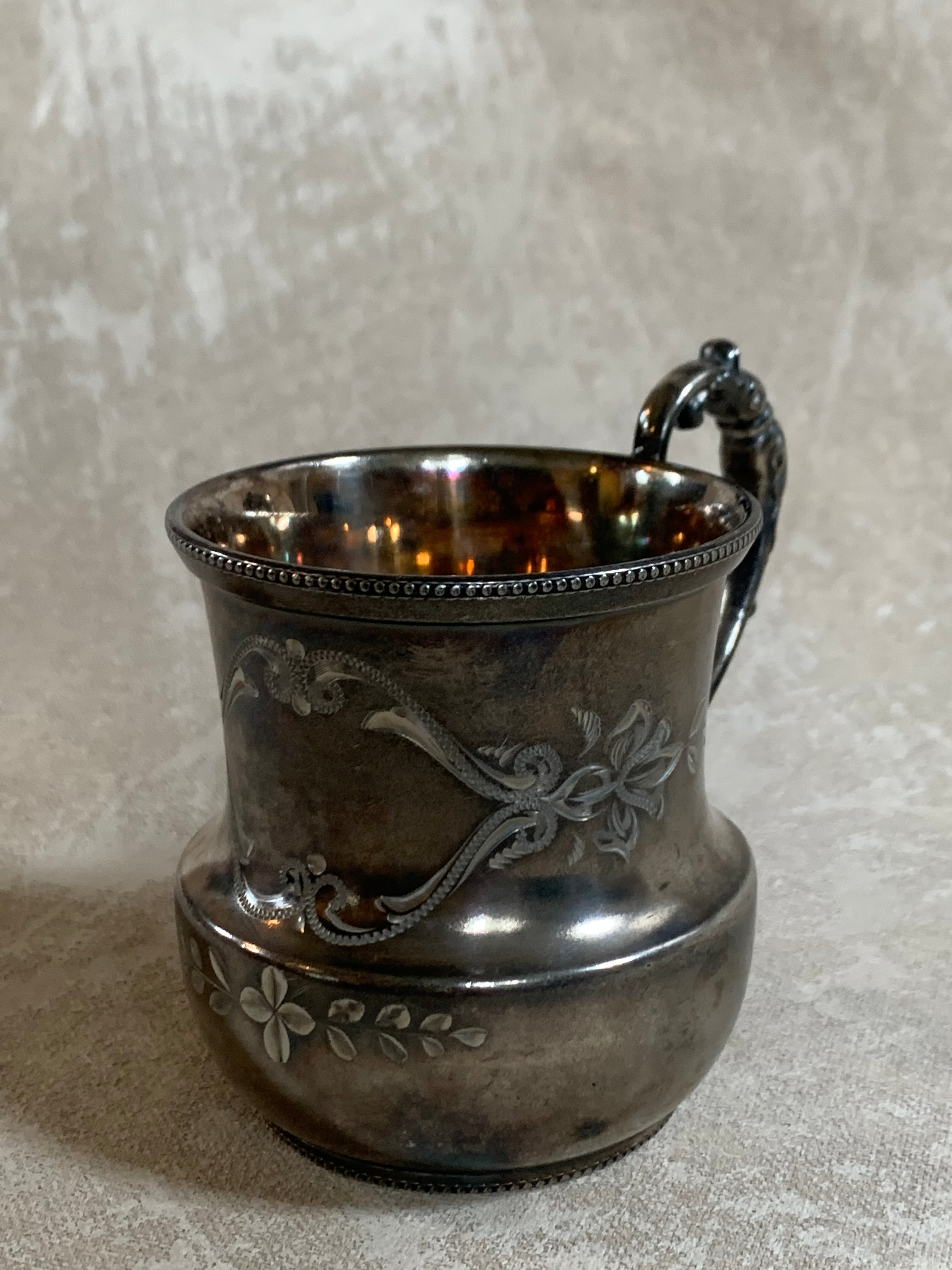Monarch Silver Co. Triple Plate Victorian Christening Cup, Engraved Floral, Pattern 95