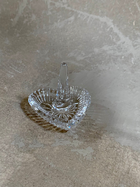 Heart-shaped crystal glass ring holder with cut starburst base — 1970s–1980s vanity piece