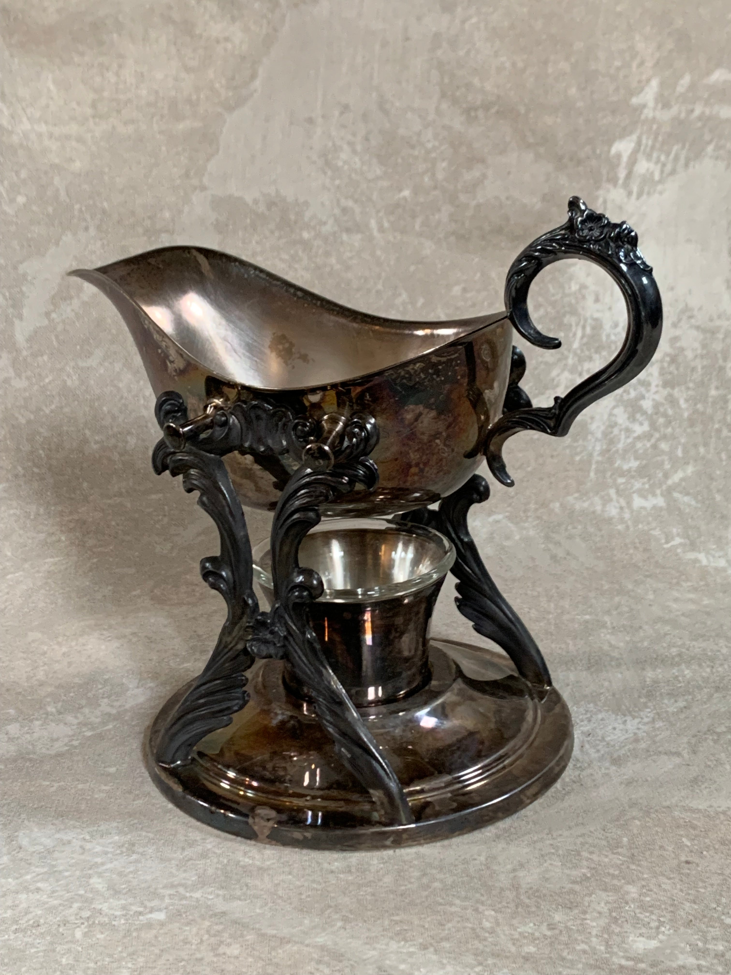 F.B. Rogers Silver Co. Gravy Boat on Rococo Warming Stand, Complete
