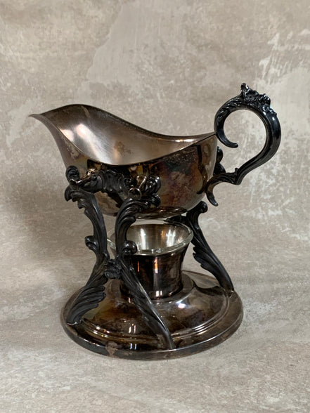 F.B. Rogers Silver Co. Gravy Boat on Rococo Warming Stand, Complete