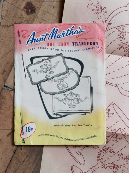 Vintage Aunt Martha's Hot Iron Transfer #3661 "Dishes for Tea Towels," Teapot, Teacup & Goblet Embroidery Pattern, Uncut