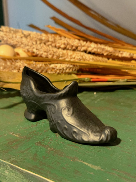 Black Ceramic Victorian Slipper Vase, Scroll Relief