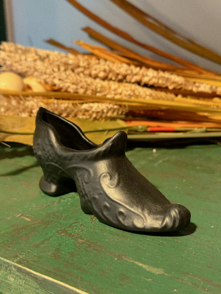 Black Ceramic Victorian Slipper Vase, Scroll Relief