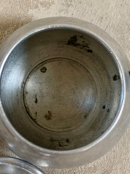 Overhead view of Swan Brand Carlton 2-cup teapot lid and body — etched floral aluminum, Made in England