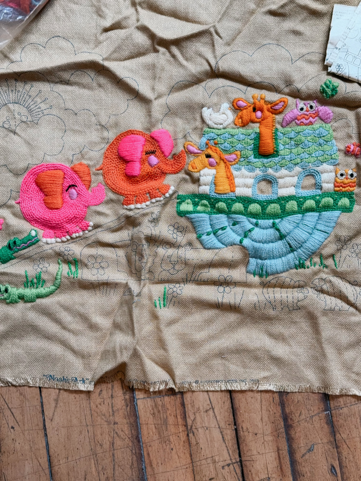 Vintage Avon Creative Needlecraft Crewel Embroidery Kits, Noah's Ark & Piglets and Posies, Started, Set of 2 with Hoops & Yarn