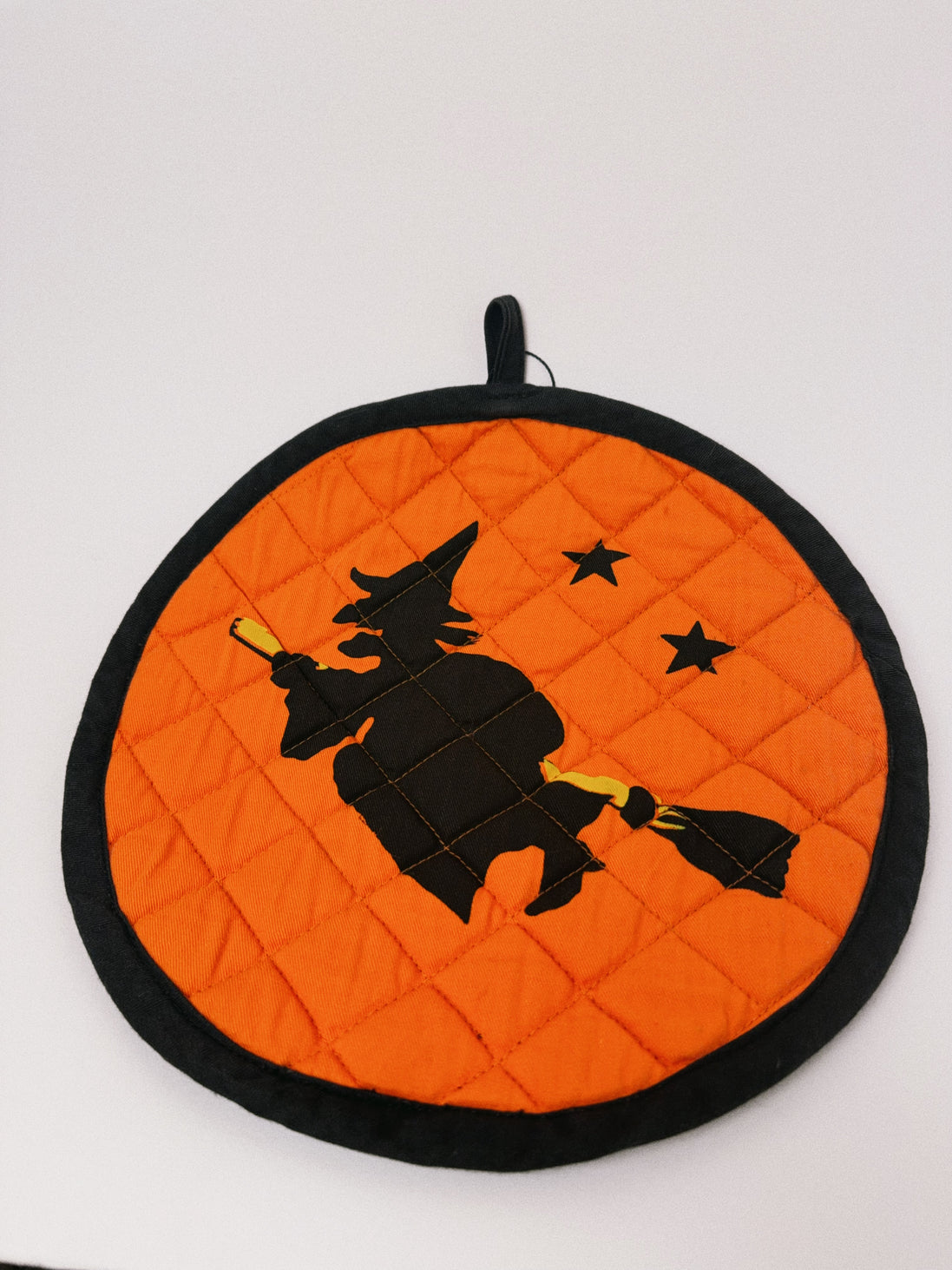 Halloween Witch Quilted Round Pot Holder, Orange and Black