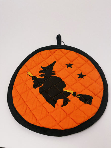 Halloween Witch Quilted Round Pot Holder, Orange and Black