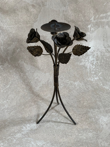 Hand-Fabricated Iron Rose Candleholder | Pillar Candle Spike | Tripod Bouquet Base | Wire-Wrapped Stem | Dark Patina | Folk Metalwork | Romantic Gothic Decor