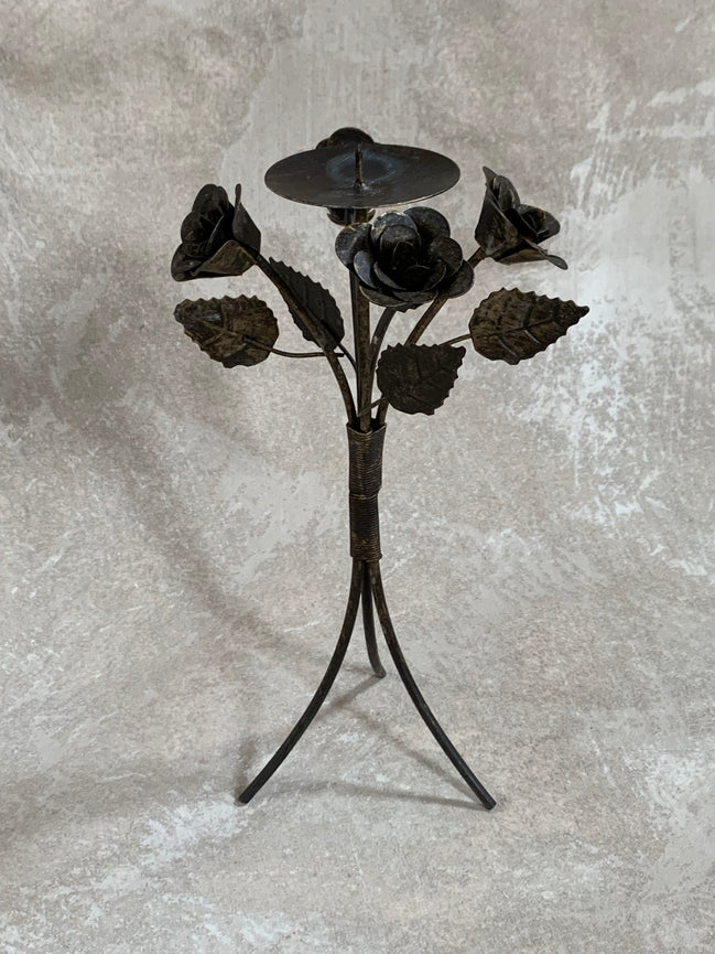 Hand-Fabricated Iron Rose Candleholder | Pillar Candle Spike | Tripod Bouquet Base | Wire-Wrapped Stem | Dark Patina | Folk Metalwork | Romantic Gothic Decor