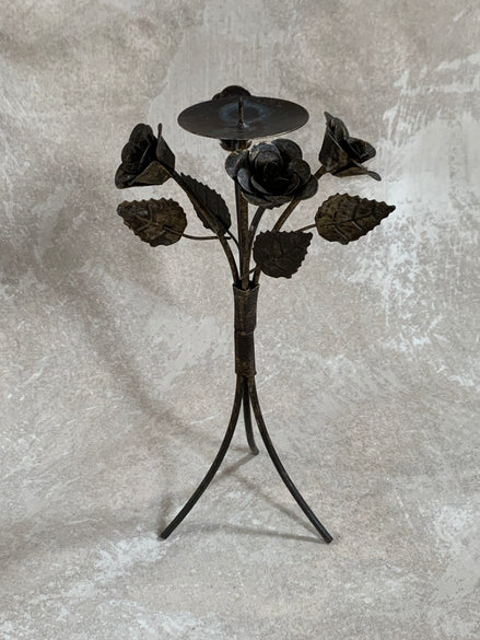 Hand-Fabricated Iron Rose Candleholder | Pillar Candle Spike | Tripod Bouquet Base | Wire-Wrapped Stem | Dark Patina | Folk Metalwork | Romantic Gothic Decor