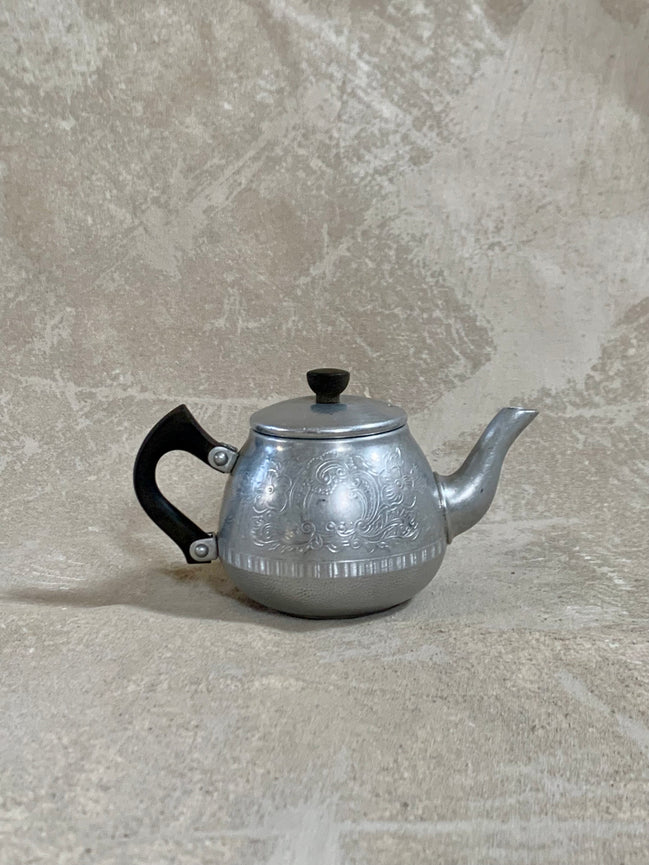 Swan Brand The Carlton 2-cup aluminum teapot, polished silver with etched Rococo scrollwork — Potlicker Pantry, Jolene Le Mille Archive