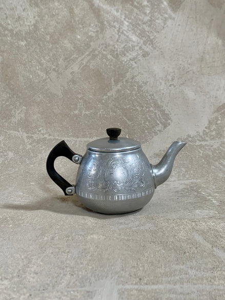 Swan Brand The Carlton 2-cup aluminum teapot, polished silver with etched Rococo scrollwork — Potlicker Pantry, Jolene Le Mille Archive