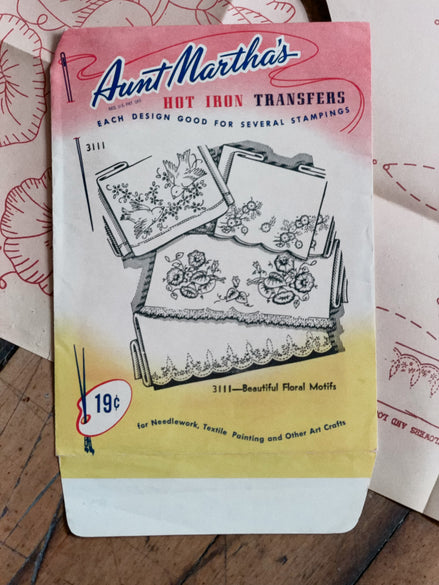 Vintage Aunt Martha's Hot Iron Transfer #3111 "Beautiful Floral Motifs," Morning Glory & Bluebird Pillowcase Embroidery Pattern