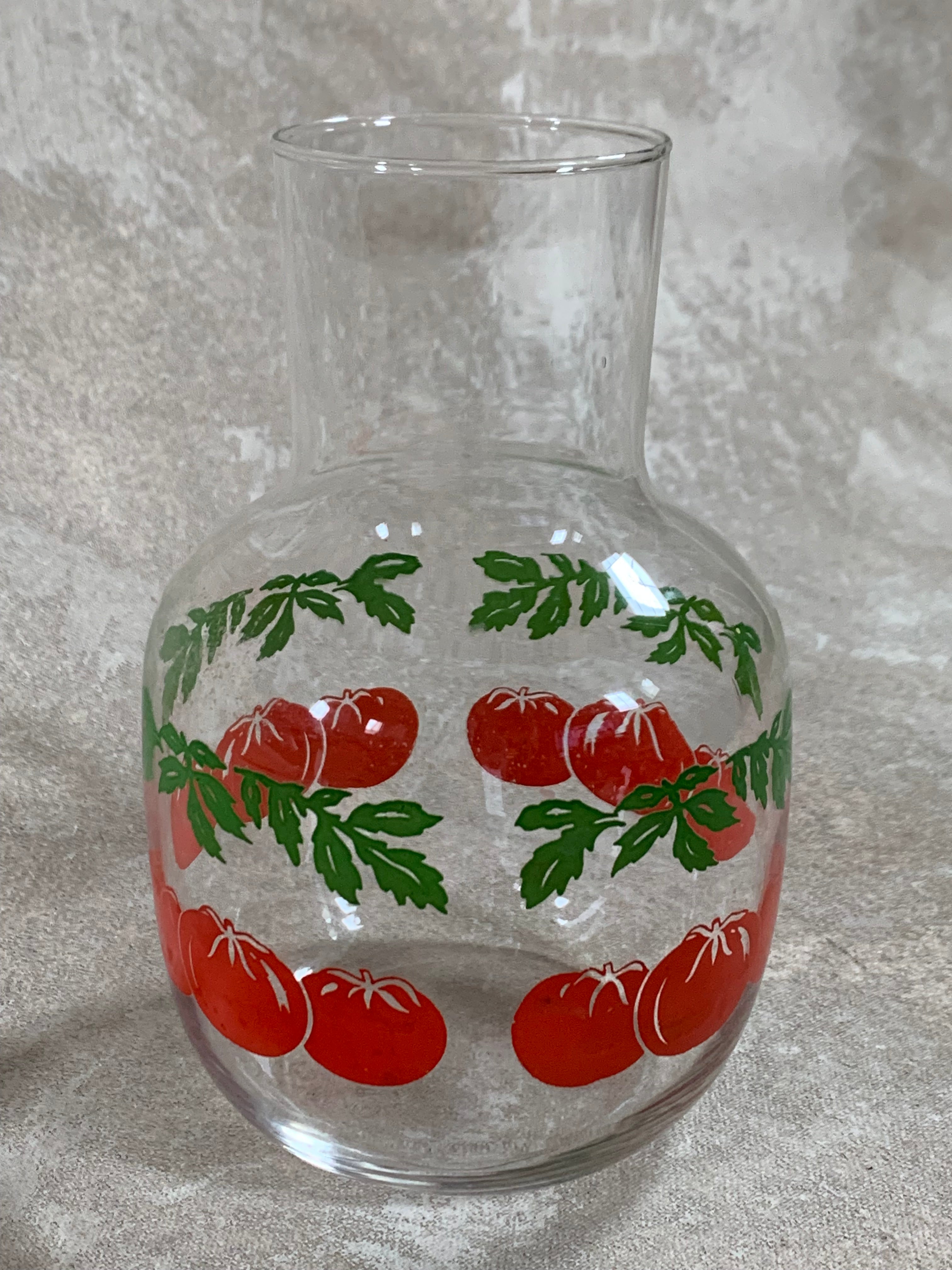 Mid-Century Clear Glass Tomato Carafe | Silk-Screened Decoration | c. 1950s–1960s