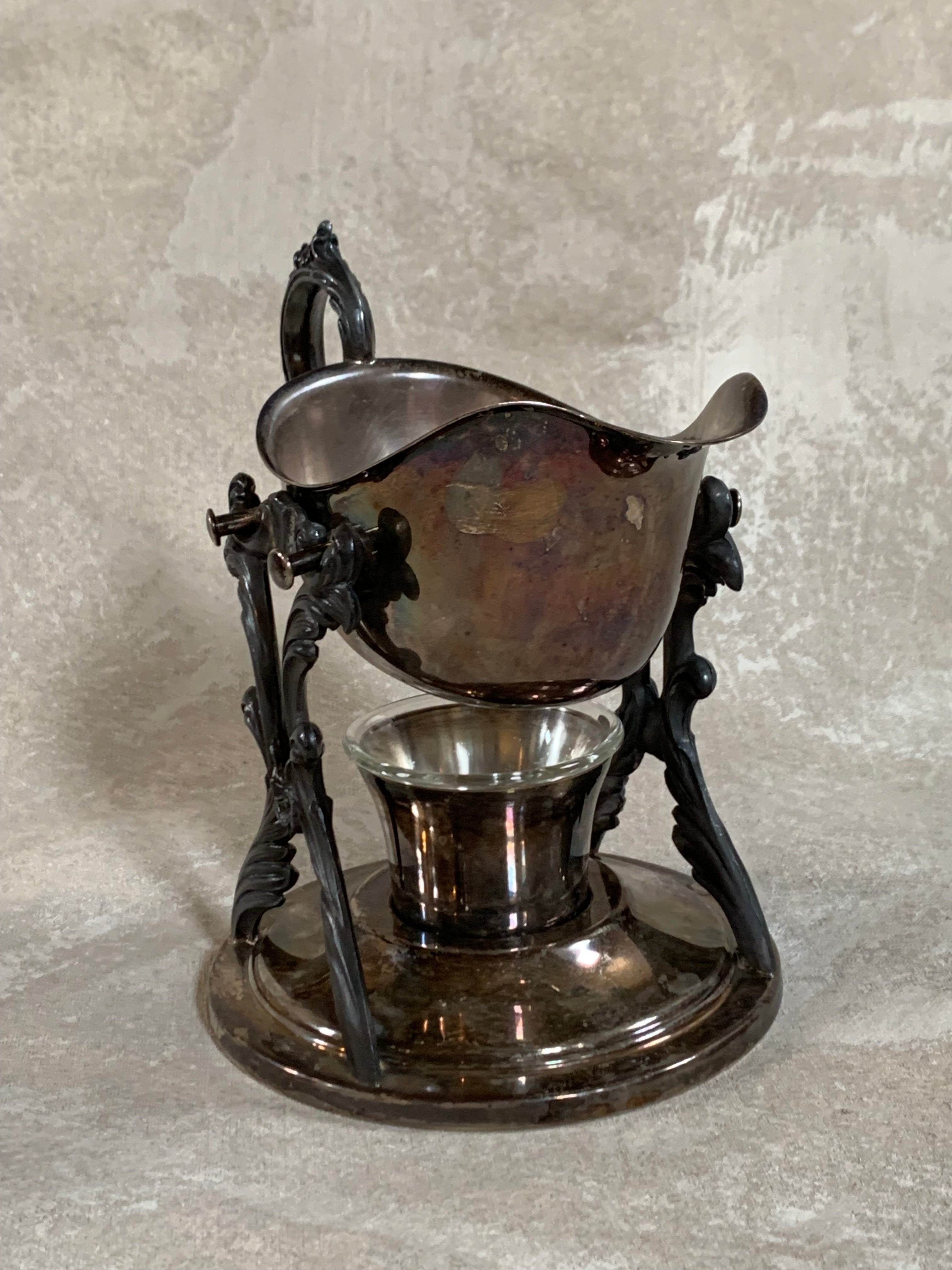 F.B. Rogers Silver Co. Gravy Boat on Rococo Warming Stand, Complete