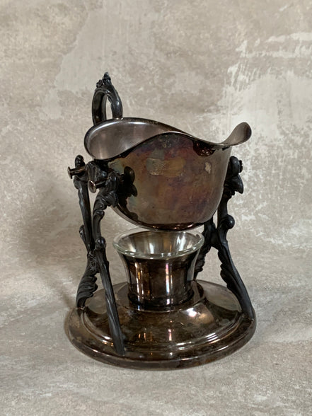 F.B. Rogers Silver Co. Gravy Boat on Rococo Warming Stand, Complete